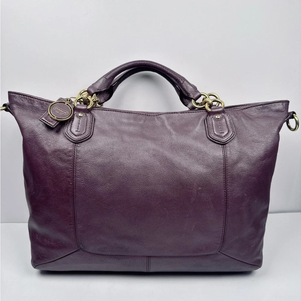 Coach Campbell Turnlock Leather Large Satchel Bag in Pearlized Plum/Brass